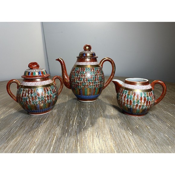 Antique Thousand Faces Kutani Hand-Painted Japanese Teapot, Sugar & Creamer Set - Picture 1 of 12